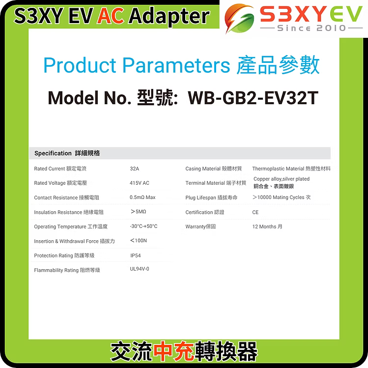 S3XYEV AC Type 2 to GBT溫控交流電轉接器(粵車南下專用)