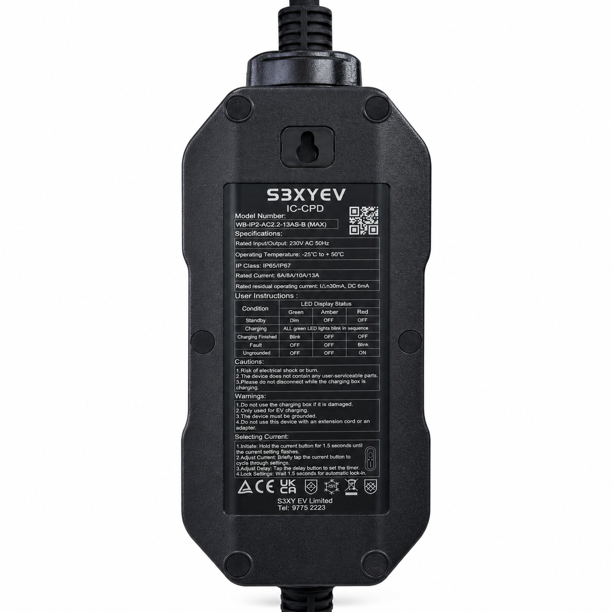 S3XYEV 13A Pro to Type 2雙溫控+B型漏電保護充電器(屏幕顯示+Bluetooth+Apps)兩年保用